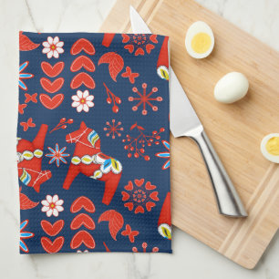Folk Art Red Swedish Dala Horse Floral op blauw Theedoek