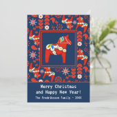 Folk Art Red Swedish Dala Horse Folk Art Pattern Feestdagenkaart (Staand voorkant)