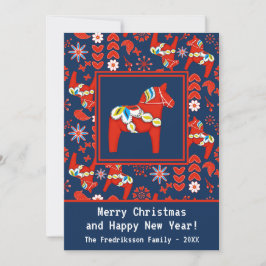 Folk Art Red Swedish Dala Horse Folk Art Pattern Feestdagenkaart