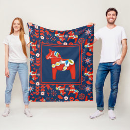 Folk Art Red Swedish Dala Horse Folk Art Pattern Fleece Deken