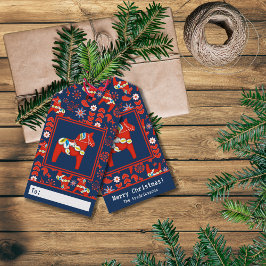 Folk Art Red Swedish Dala Horse Merry Kerstmis Cadeaulabel