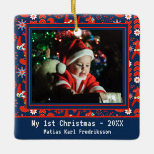 Folk Art Red Swedish Dala Horse Mijn eerste Kerstm Keramisch Ornament