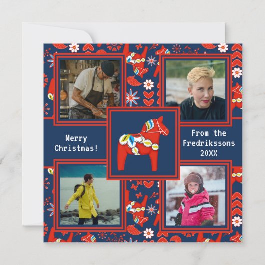 Folk Art Red Swedish Dala Horse Pattern 4 Foto Feestdagenkaart (Voorkant)