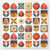 Folk Art Retro Bloemenmozaïek Gezelligheid Kartonnen Onderzetters (Voorkant)