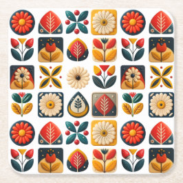 Folk Art Retro Bloemenmozaïek Gezelligheid Kartonnen Onderzetters