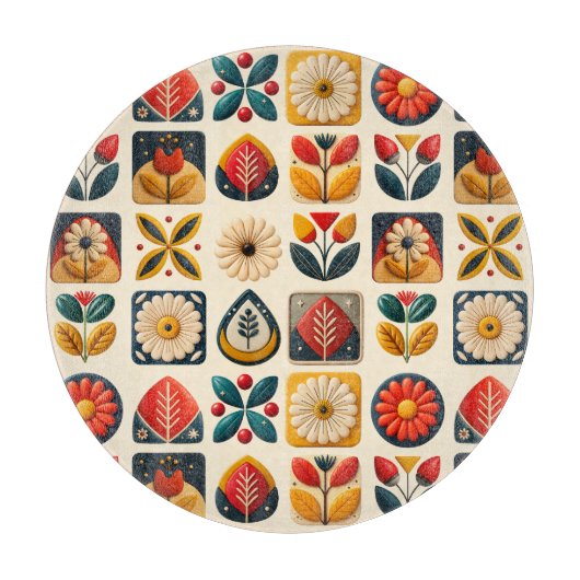 Folk Art Retro Bloemenmozaïek Gezelligheid Snijplank (Voorkant)