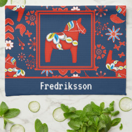 Folk Art Rode Bloemen Dala Paard Theedoek