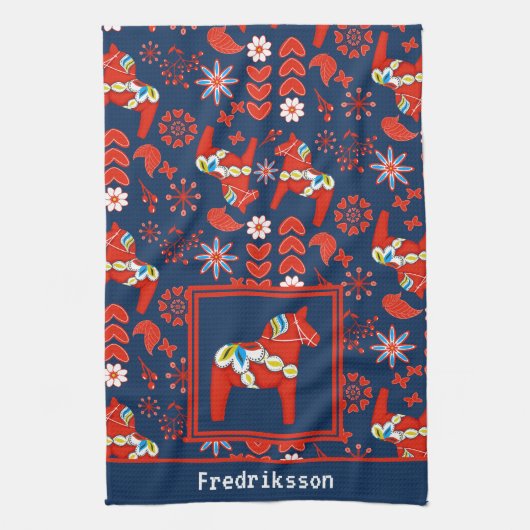 Folk Art Rode Bloemen Dala Paard Theedoek (Verticaal)