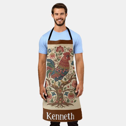 Folk Art Rooster Personalized Large Apron Schort (Gedragen)