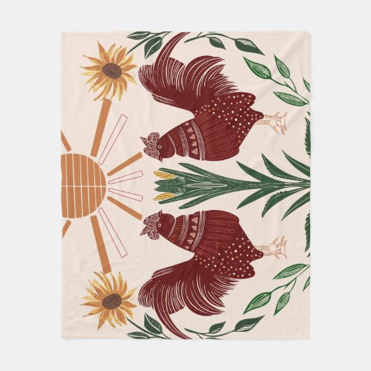 Folk Art Rooster Zonneschijn Symmetrisch Ontwerp Fleece Deken (Voorkant)