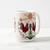 Folk Art Rooster Zonneschijn Symmetrisch Ontwerp Koffiemok (Voorkant rechts)