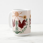 Folk Art Rooster Zonneschijn Symmetrisch Ontwerp Koffiemok (Voorkant links)