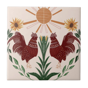 Folk Art Rooster Zonneschijn Symmetrisch Ontwerp Tegeltje