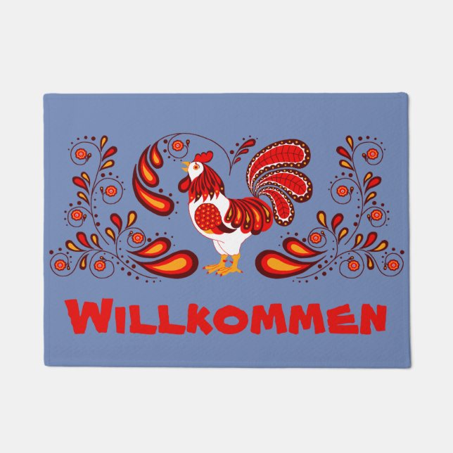 Folk art roster Welcome/Willkommen Deurmat (Voorkant)
