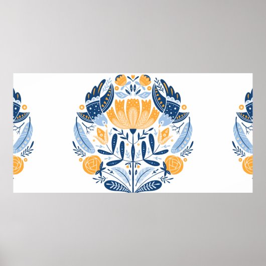 Folk art round-versiering met vogels, rozen en blo poster (Voorkant)
