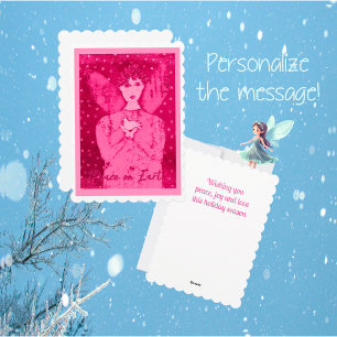 Folk Art Roze Engel van vrede met witte duif Feestdagenkaart