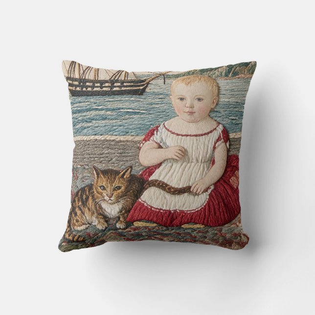 Folk Art Sampler Scène Kind Met Kat Kussen (Achterkant)
