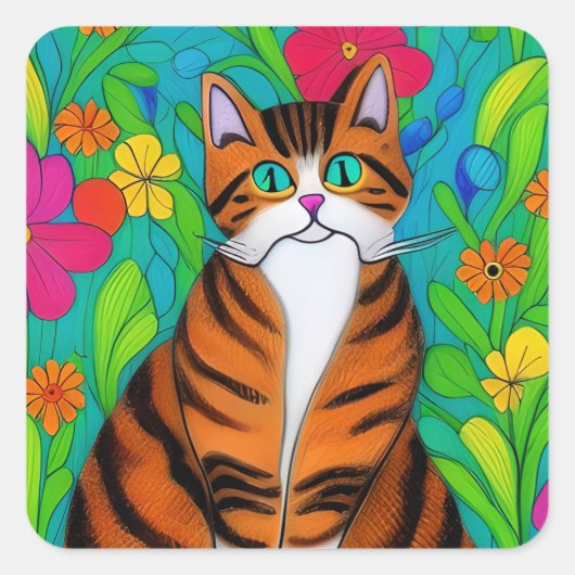 Folk Art Sinaasappel Kat en Bloemen Vierkante Sticker (Voorkant)