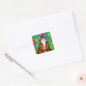 Folk Art Sinaasappel Kat en Bloemen Vierkante Sticker (Envelop)