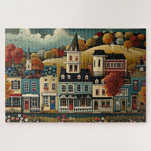 Folk Art Small Town Street in Autumn Legpuzzel (Horizontaal)