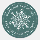Folk art sneeuwvlok warme winter wensen dennengroe ronde sticker (Voorkant)