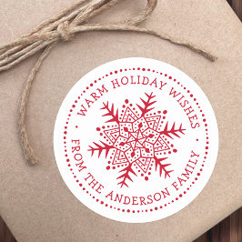 Folk art sneeuwvlok warme winter wensen wit rood ronde sticker