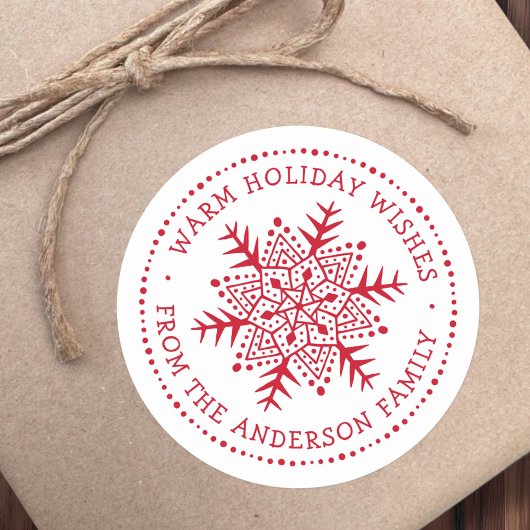 Folk art sneeuwvlok warme winter wensen wit rood ronde sticker