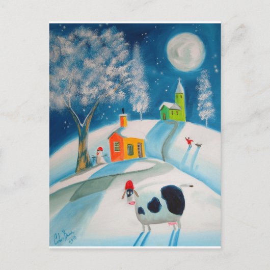 FOLK ART SNOW SCENE COW MOON BRIEFKAART (Voorkant)