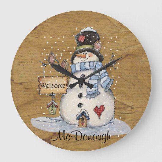 Folk Art Snowman op Old Newspaper Grote Klok (Voorkant)