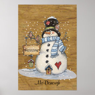 Folk Art Snowman op Old Newspaper Poster