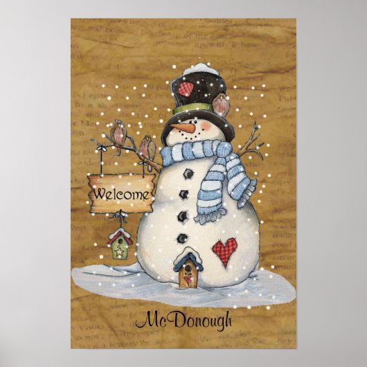 Folk Art Snowman op Old Newspaper Poster (Voorkant)