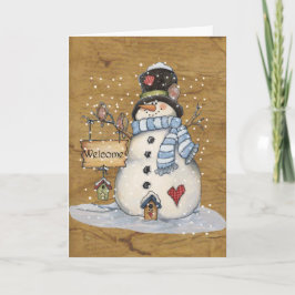 Folk Art Snowman op perkament Wenskaart Feestdagen Kaart