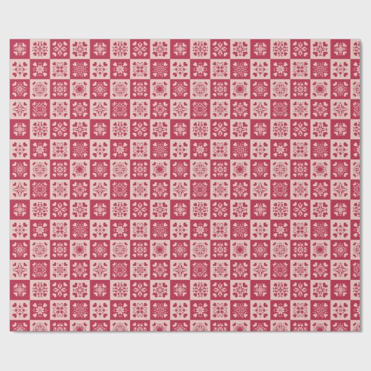 Folk Art Stenciled Heart Pattern Red en Roze Cadeaupapier (Vlak)