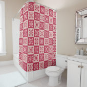 Folk Art Stenciled Heart Pattern Red en Roze Douchegordijn (In situ)