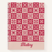 Folk Art Stenciled Heart Pattern Red en Roze Notitieboek (Voorkant)