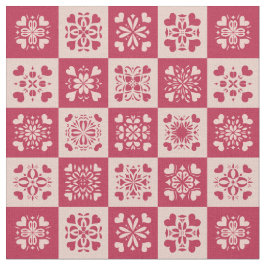 Folk Art Stenciled Heart Pattern Red en Roze Stof