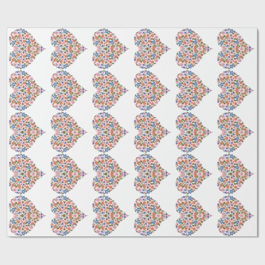 Folk Art Stijl Bloemen Harten op Witte Giftwrap Cadeaupapier (Vlak)