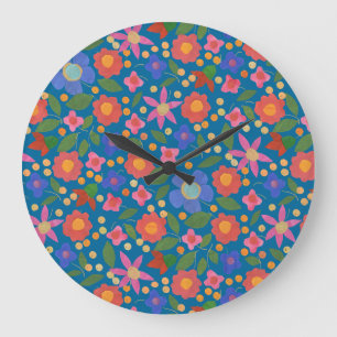 Folk Art Stijl Bloemen op Blauwe Acryl Wandklok