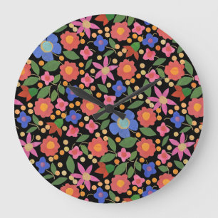 Folk Art Stijl Bloemen op Zwarte Acryl Wandklok