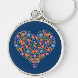 Folk Art Stijl Bloemenhart Blauw Ronde Sleutelhang Sleutelhanger