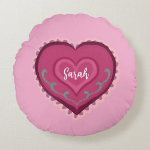 Folk Art stijl roze hart versierd Ornament Rond Kussen