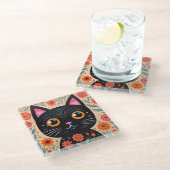 Folk Art Style Black Cat Glazen Onderzetter (Schuin)