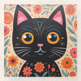 Folk Art Style Black Cat Glazen Onderzetter