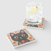 Folk Art Style Black Cat Stenen Onderzetter (Zijkant)
