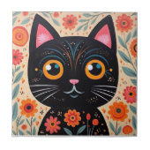 Folk Art Style Black Cat Tegeltje (Voorkant)