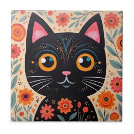 Folk Art Style Black Cat Tegeltje