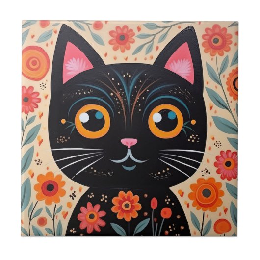 Folk Art Style Black Cat Tegeltje (Voorkant)