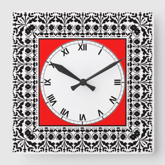 Folk Art Style Black Red en White Country Kitchen Vierkante Klok (Voorkant)