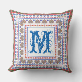 Folk Art Style Border Monogram Pillow of Cushion Kussen