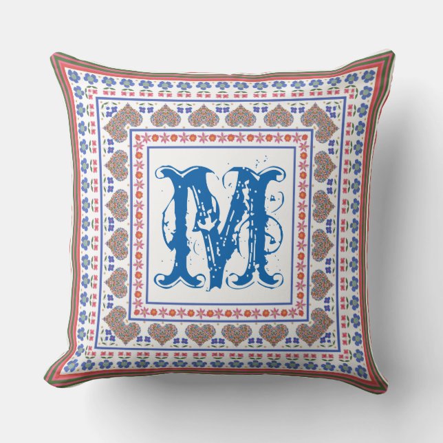 Folk Art Style Border Monogram Pillow of Cushion Kussen (Voorkant)
